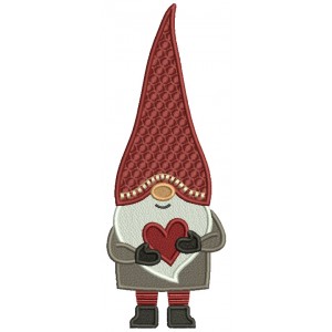 Gnome WIth a Tall Hat Holding a Heart Valentine's Day Filled Machine Embroidery Design Digitized Pattern